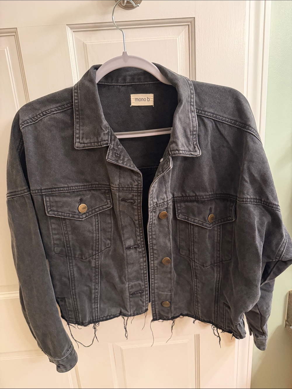 Mono B Washed Charcoal Black Cropped Denim Jacket